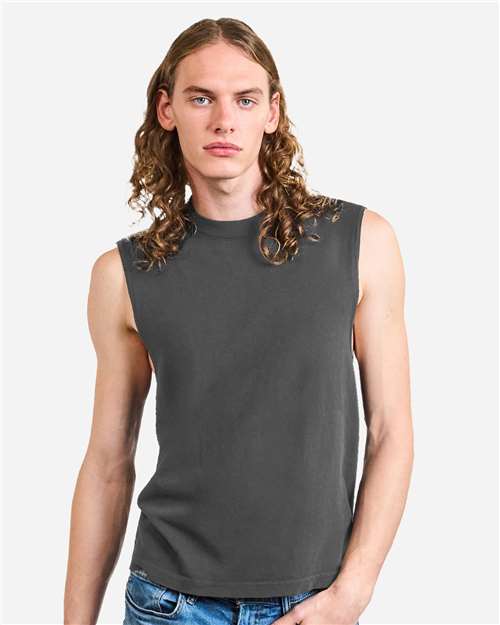 Faded Black - American Apparel 207GD Boxy Muscle Tee with Custom Print American Apparel Unisex Heavyweight Cotton Garment-Dyed Boxy Muscle Tee in Faded Black, front view on model