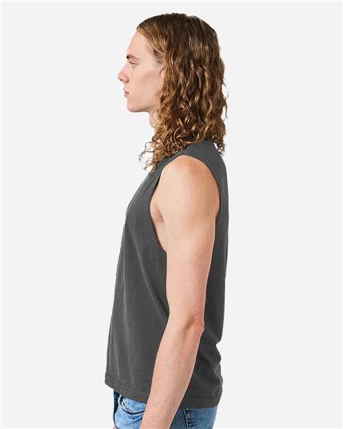 Faded Black - American Apparel 207GD Boxy Muscle Tee with Custom Print American Apparel Unisex Heavyweight Cotton Garment-Dyed Boxy Muscle Tee in Faded Black, side view on model