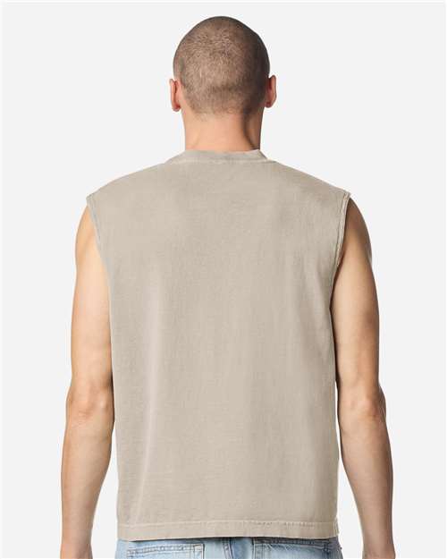 Faded Bone - American Apparel 207GD Boxy Muscle Tee with Custom Print American Apparel Unisex Heavyweight Cotton Garment-Dyed Boxy Muscle Tee in Faded Bone, back view on model