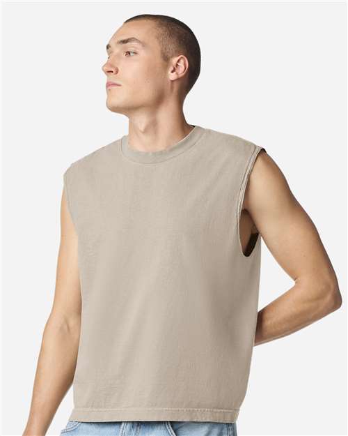 Faded Bone - American Apparel 207GD Boxy Muscle Tee with Custom Print American Apparel Unisex Heavyweight Cotton Garment-Dyed Boxy Muscle Tee in Faded Bone, front view on model