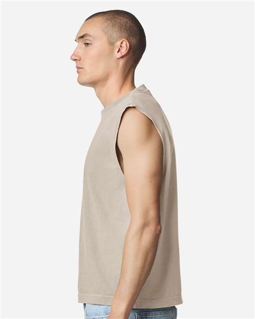 Faded Bone - American Apparel 207GD Boxy Muscle Tee with Custom Print American Apparel Unisex Heavyweight Cotton Garment-Dyed Boxy Muscle Tee in Faded Bone, side view on model