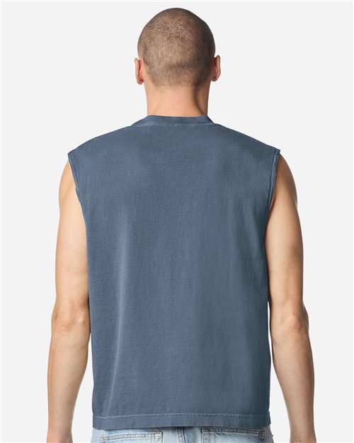 Faded Navy - American Apparel 207GD Boxy Muscle Tee with Custom Print American Apparel Unisex Heavyweight Cotton Garment-Dyed Boxy Muscle Tee in Faded Navy, back view on model