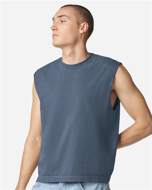 Faded Navy - American Apparel 207GD Boxy Muscle Tee with Custom Print American Apparel Unisex Heavyweight Cotton Garment-Dyed Boxy Muscle Tee in Faded Navy, front view on model