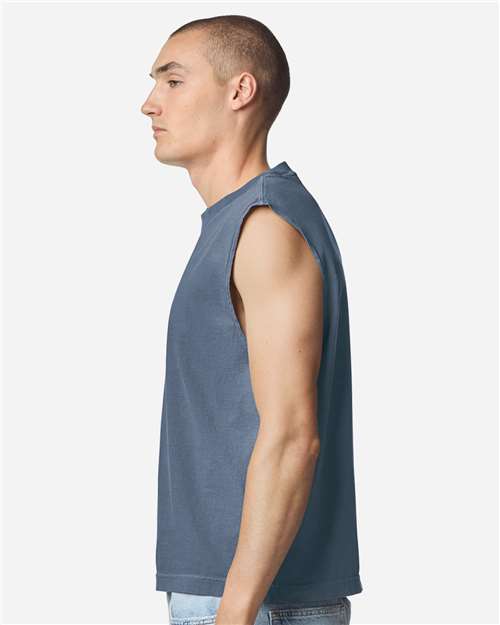 Faded Navy - American Apparel 207GD Boxy Muscle Tee with Custom Print American Apparel Unisex Heavyweight Cotton Garment-Dyed Boxy Muscle Tee in Faded Navy, side view on model