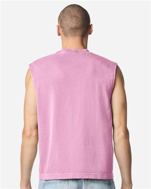 Faded Powder Pink - American Apparel 207GD Boxy Muscle Tee with Custom Print American Apparel Unisex Heavyweight Cotton Garment-Dyed Boxy Muscle Tee in Faded Powder Pink, back view on model
