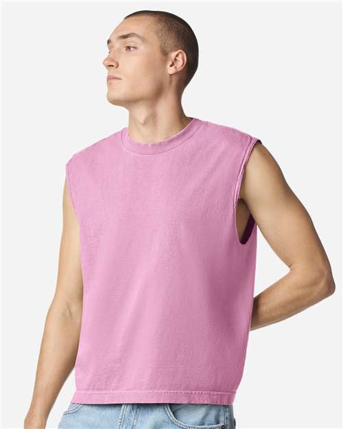 Faded Powder Pink - American Apparel 207GD Boxy Muscle Tee with Custom Print American Apparel Unisex Heavyweight Cotton Garment-Dyed Boxy Muscle Tee in Faded Powder Pink, front view on model