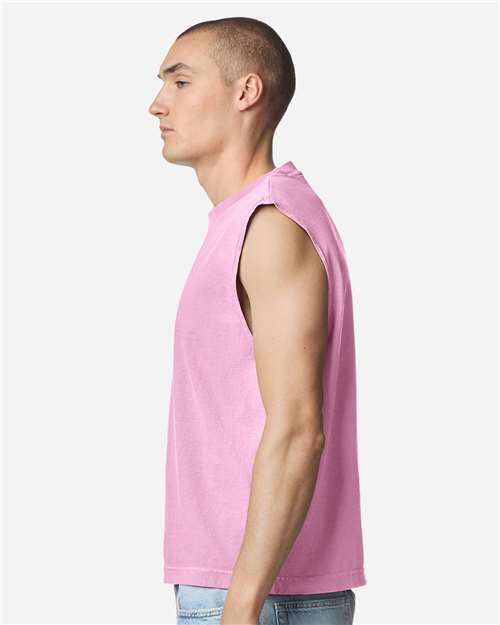 Faded Powder Pink - American Apparel 207GD Boxy Muscle Tee with Custom Print American Apparel Unisex Heavyweight Cotton Garment-Dyed Boxy Muscle Tee in Faded Powder Pink, side view on model