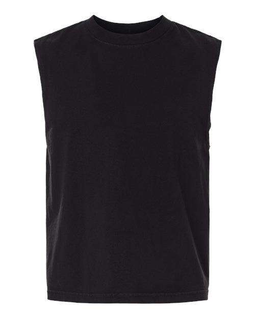 True Black - Unisex Heavyweight Cotton Garment-Dyed Boxy Muscle Tee American Apparel Unisex Heavyweight Cotton Garment-Dyed Boxy Muscle Tee in True Black, front view