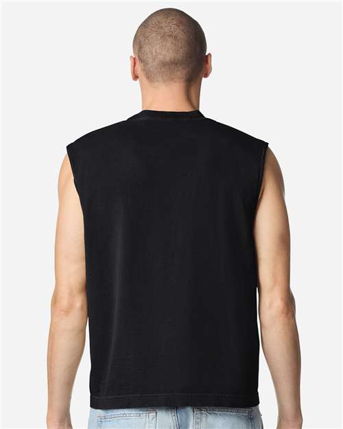 True Black - American Apparel 207GD Boxy Muscle Tee with Custom Print American Apparel Unisex Heavyweight Cotton Garment-Dyed Boxy Muscle Tee in True Black, back view on model