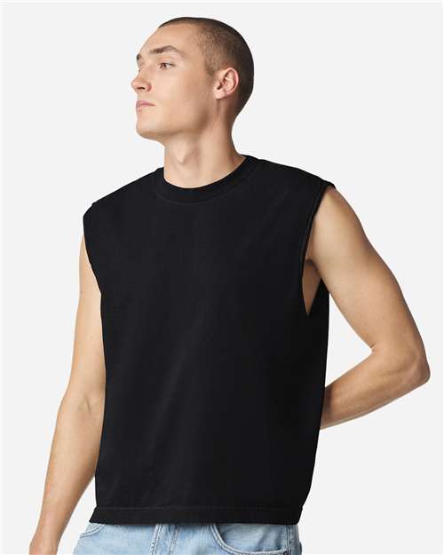 True Black - American Apparel 207GD Boxy Muscle Tee with Custom Print American Apparel Unisex Heavyweight Cotton Garment-Dyed Boxy Muscle Tee in True Black, front view on model