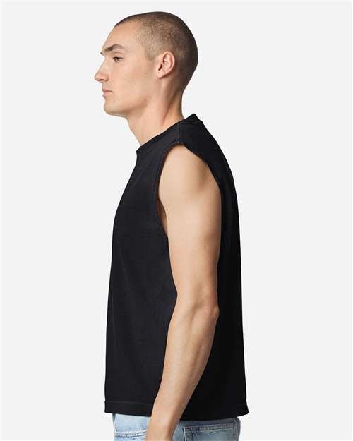 True Black - American Apparel 207GD Boxy Muscle Tee with Custom Print American Apparel Unisex Heavyweight Cotton Garment-Dyed Boxy Muscle Tee in True Black, side view on model