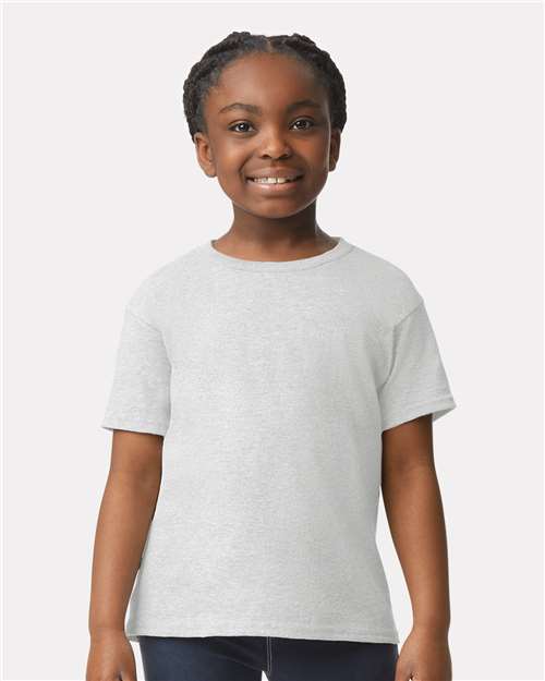 Ash - Gildan Youth Ultra Cotton® T-Shirt with Custom Printing Gildan Youth Ultra Cotton® T-Shirt in Ash, front view on model
