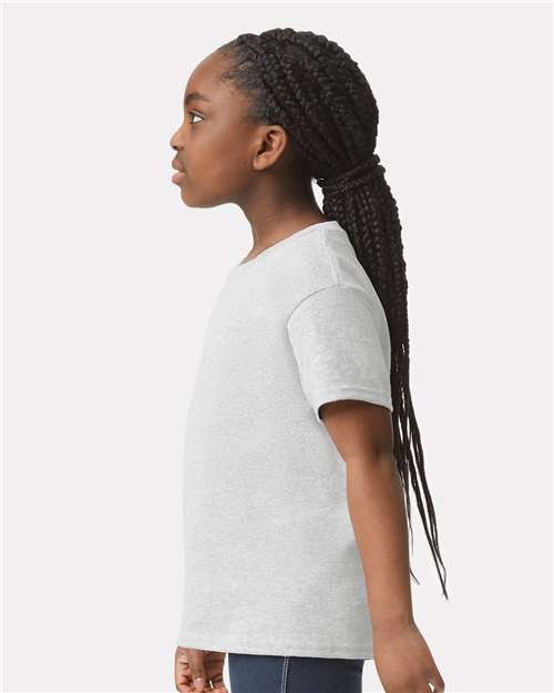 Ash - Gildan Youth Ultra Cotton® T-Shirt with Custom Printing Gildan Youth Ultra Cotton® T-Shirt in Ash, side view on model