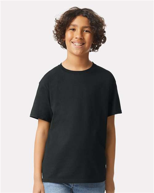 Black - Gildan Youth Ultra Cotton® T-Shirt with Custom Printing Gildan Youth Ultra Cotton® T-Shirt in Black, front view on model