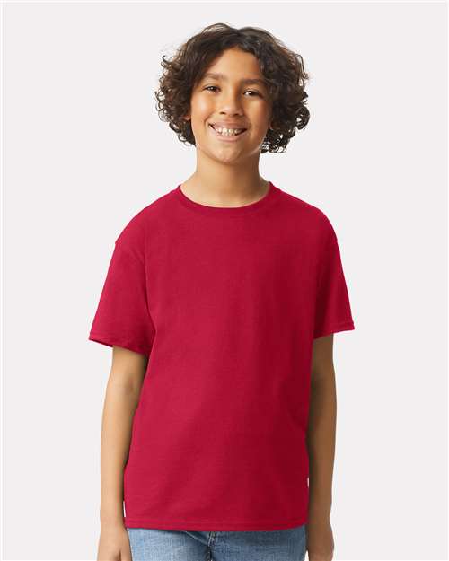 Cherry Red - Gildan Youth Ultra Cotton® T-Shirt with Custom Printing Gildan Youth Ultra Cotton® T-Shirt in Cherry Red, front view on model