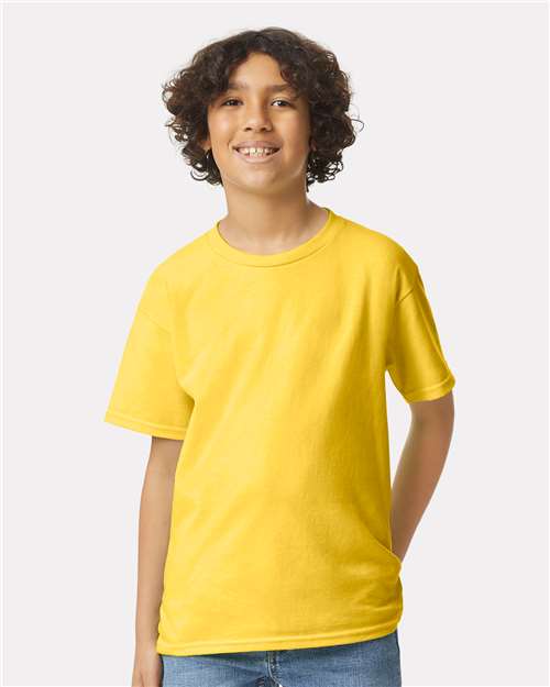 Daisy - Gildan Youth Ultra Cotton® T-Shirt with Custom Printing Gildan Youth Ultra Cotton® T-Shirt in Daisy, front view on model