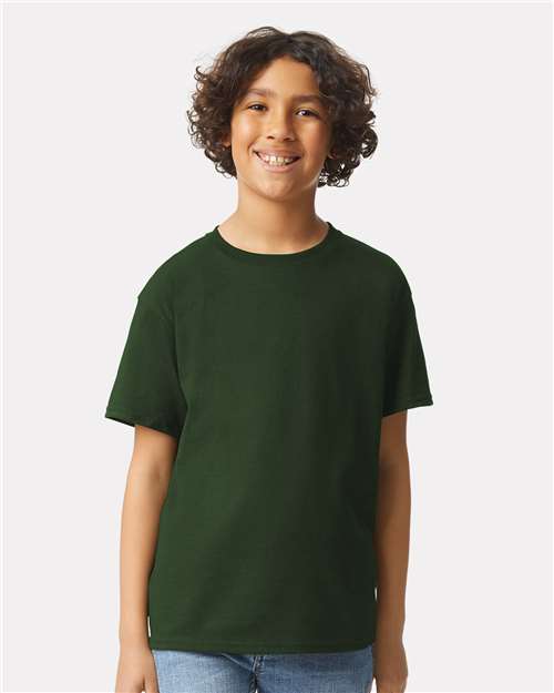 Forest Green - Gildan Youth Ultra Cotton® T-Shirt with Custom Printing Gildan Youth Ultra Cotton® T-Shirt in Forest Green, front view on model