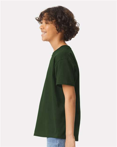 Forest Green - Gildan Youth Ultra Cotton® T-Shirt with Custom Printing Gildan Youth Ultra Cotton® T-Shirt in Forest Green, side view on model
