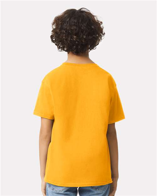 Gold - Gildan Youth Ultra Cotton® T-Shirt with Custom Printing Gildan Youth Ultra Cotton® T-Shirt in Gold, back view on model