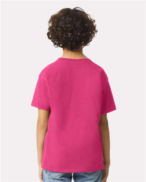Heliconia - Gildan Youth Ultra Cotton® T-Shirt with Custom Printing Gildan Youth Ultra Cotton® T-Shirt in Heliconia, back view on model