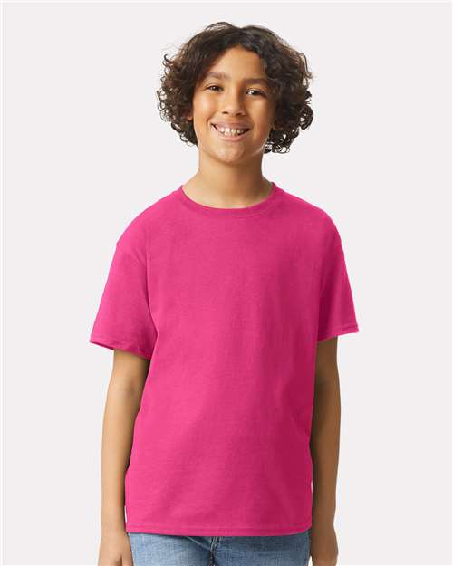 Heliconia - Gildan Youth Ultra Cotton® T-Shirt with Custom Printing Gildan Youth Ultra Cotton® T-Shirt in Heliconia, front view on model