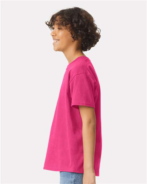 Heliconia - Gildan Youth Ultra Cotton® T-Shirt with Custom Printing Gildan Youth Ultra Cotton® T-Shirt in Heliconia, side view on model