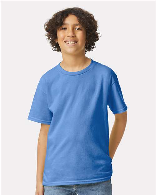 Iris - Gildan Youth Ultra Cotton® T-Shirt with Custom Printing Gildan Youth Ultra Cotton® T-Shirt in Iris, front view on model