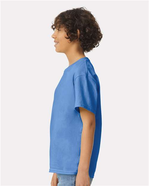 Iris - Gildan Youth Ultra Cotton® T-Shirt with Custom Printing Gildan Youth Ultra Cotton® T-Shirt in Iris, side view on model