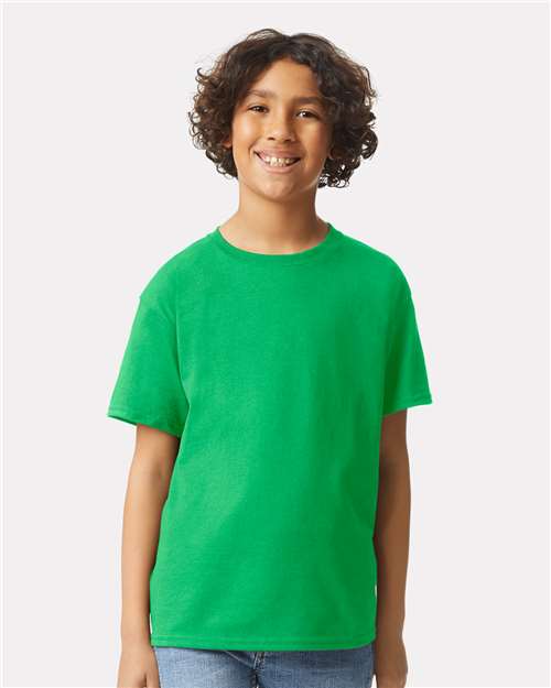 Irish Green - Gildan Youth Ultra Cotton® T-Shirt with Custom Printing Gildan Youth Ultra Cotton® T-Shirt in Irish Green, front view on model