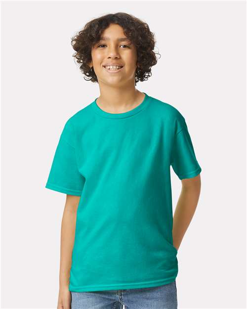 Jade Dome - Gildan Youth Ultra Cotton® T-Shirt with Custom Printing Gildan Youth Ultra Cotton® T-Shirt in Jade Dome, front view on model
