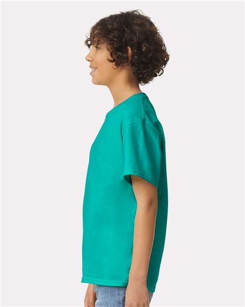Jade Dome - Gildan Youth Ultra Cotton® T-Shirt with Custom Printing Gildan Youth Ultra Cotton® T-Shirt in Jade Dome, side view on model