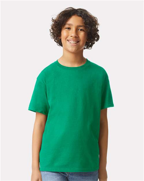 Kelly Green - Gildan Youth Ultra Cotton® T-Shirt with Custom Printing Gildan Youth Ultra Cotton® T-Shirt in Kelly Green, front view on model