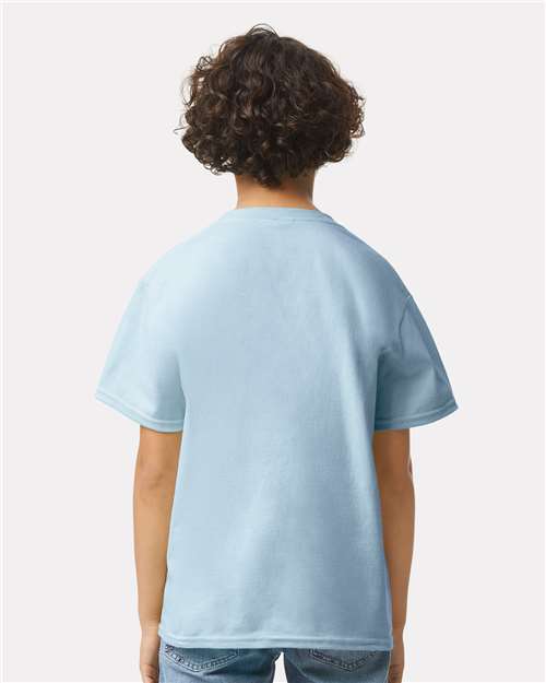 Light Blue - Gildan Youth Ultra Cotton® T-Shirt with Custom Printing Gildan Youth Ultra Cotton® T-Shirt in Light Blue, back view on model