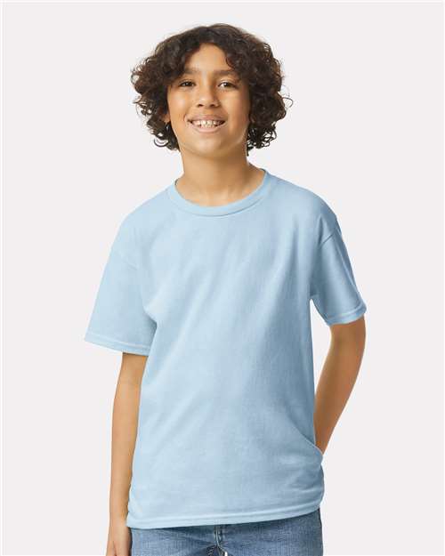 Light Blue - Gildan Youth Ultra Cotton® T-Shirt with Custom Printing Gildan Youth Ultra Cotton® T-Shirt in Light Blue, front view on model