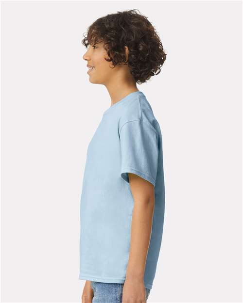 Light Blue - Gildan Youth Ultra Cotton® T-Shirt with Custom Printing Gildan Youth Ultra Cotton® T-Shirt in Light Blue, side view on model