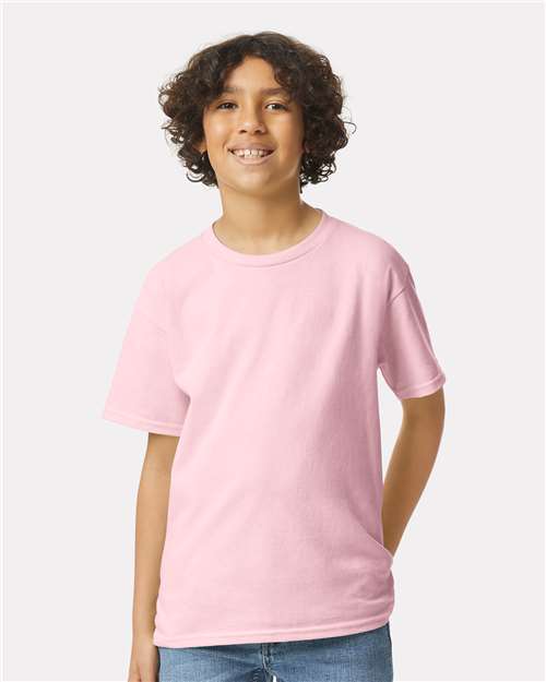 Light Pink - Gildan Youth Ultra Cotton® T-Shirt with Custom Printing Gildan Youth Ultra Cotton® T-Shirt in Light Pink, front view on model