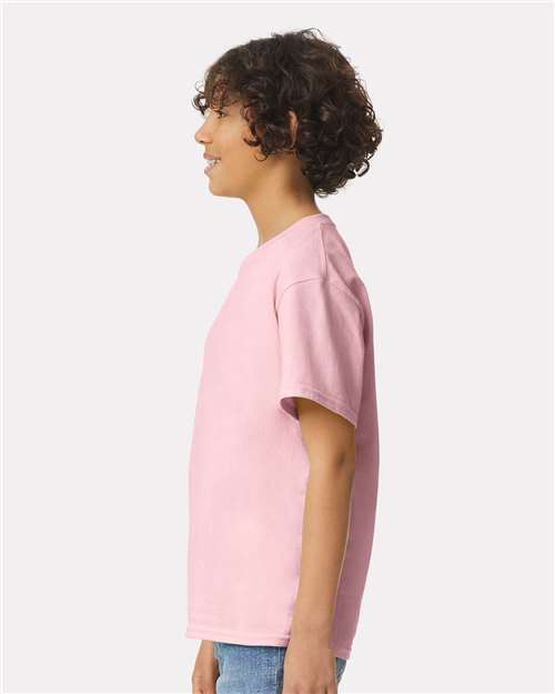 Light Pink - Gildan Youth Ultra Cotton® T-Shirt with Custom Printing Gildan Youth Ultra Cotton® T-Shirt in Light Pink, side view on model
