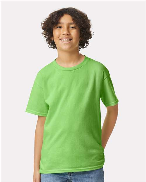 Lime - Gildan Youth Ultra Cotton® T-Shirt with Custom Printing Gildan Youth Ultra Cotton® T-Shirt in Lime, front view on model