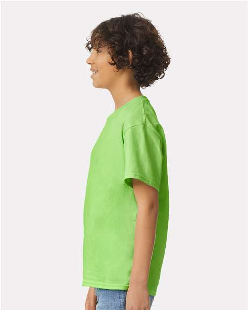 Lime - Gildan Youth Ultra Cotton® T-Shirt with Custom Printing Gildan Youth Ultra Cotton® T-Shirt in Lime, side view on model