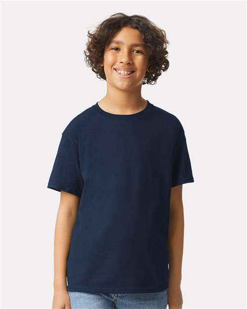 Navy - Gildan Youth Ultra Cotton® T-Shirt with Custom Printing Gildan Youth Ultra Cotton® T-Shirt in Navy, front view on model