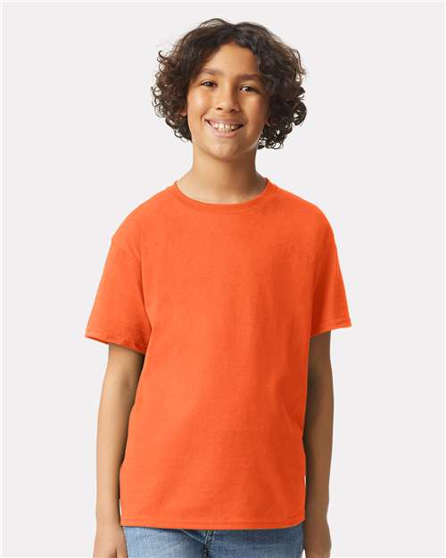 Orange - Gildan Youth Ultra Cotton® T-Shirt with Custom Printing Gildan Youth Ultra Cotton® T-Shirt in Orange, front view on model