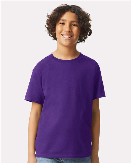 Purple - Gildan Youth Ultra Cotton® T-Shirt with Custom Printing Gildan Youth Ultra Cotton® T-Shirt in Purple, front view on model