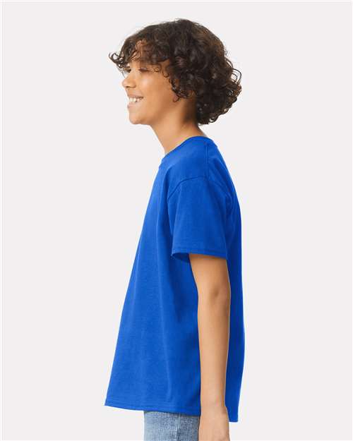 Royal - Gildan Youth Ultra Cotton® T-Shirt with Custom Printing Gildan Youth Ultra Cotton® T-Shirt in Royal, side view on model
