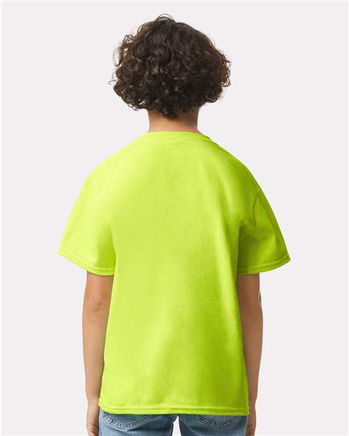 Safety Green - Gildan Youth Ultra Cotton® T-Shirt with Custom Printing Gildan Youth Ultra Cotton® T-Shirt in Safety Green, back view on model