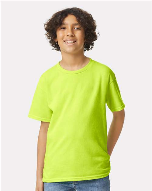 Safety Green - Gildan Youth Ultra Cotton® T-Shirt with Custom Printing Gildan Youth Ultra Cotton® T-Shirt in Safety Green, front view on model
