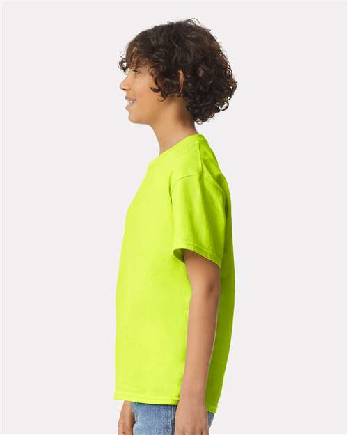 Safety Green - Gildan Youth Ultra Cotton® T-Shirt with Custom Printing Gildan Youth Ultra Cotton® T-Shirt in Safety Green, side view on model