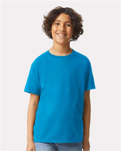 Sapphire - Gildan Youth Ultra Cotton® T-Shirt with Custom Printing Gildan Youth Ultra Cotton® T-Shirt in Sapphire, front view on model