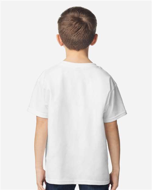 White - Gildan Youth Ultra Cotton® T-Shirt with Custom Printing Gildan Youth Ultra Cotton® T-Shirt in White, back view on model