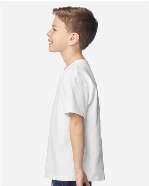White - Gildan Youth Ultra Cotton® T-Shirt with Custom Printing Gildan Youth Ultra Cotton® T-Shirt in White, side view on model