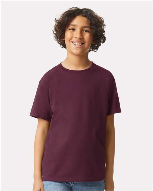 Maroon - Gildan Youth Ultra Cotton® T-Shirt with Custom Printing Gildan Youth Ultra Cotton® T-Shirt in Maroon, front view on model